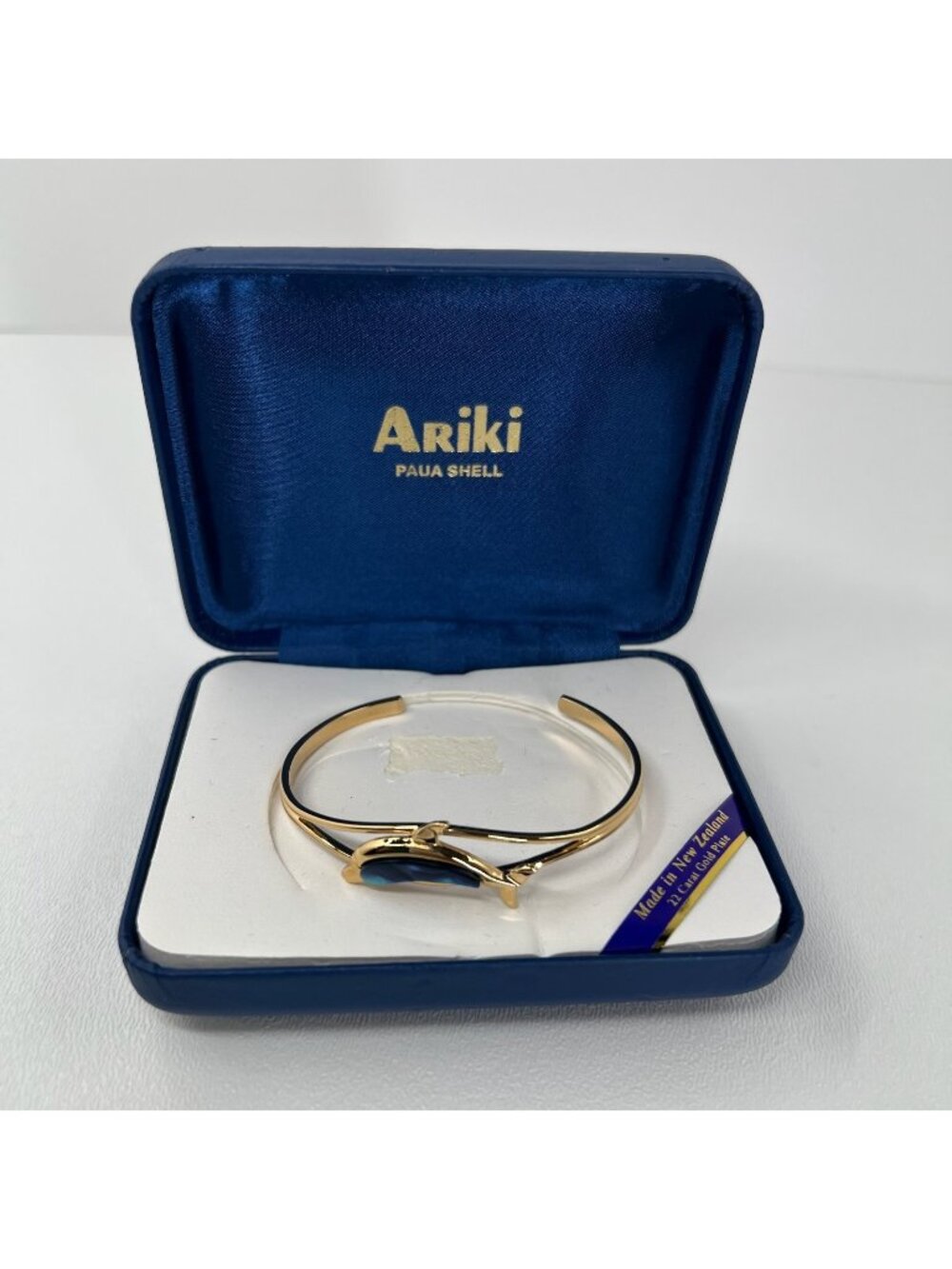 Ariki Paua Shell Dolphin Cuff Bracelet Vintage 22K Gold Plated New Zealand